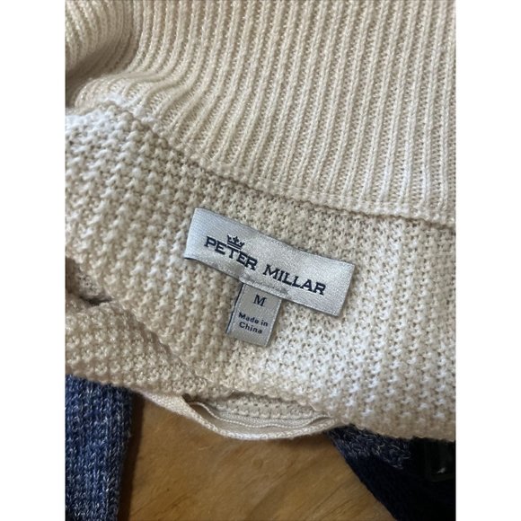 Peter Millar 1/4 Zip Colorblock Golf Sweater Men's Medium Cream Blue Wool - Picture 6 of 10